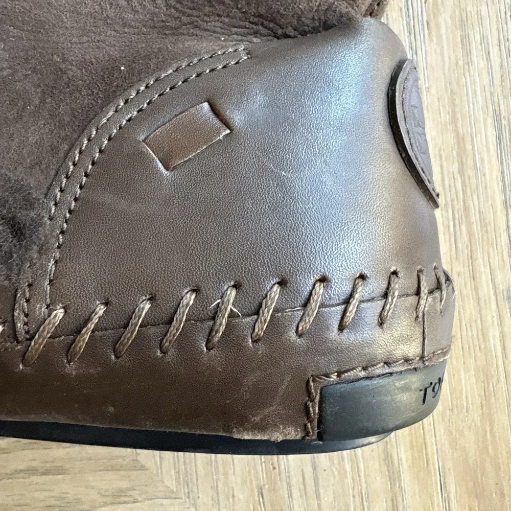 TORY BURCH Sheepskin Shearling Brwn Suede Leather Ugg Boots Mid Calf Winter SZ 7